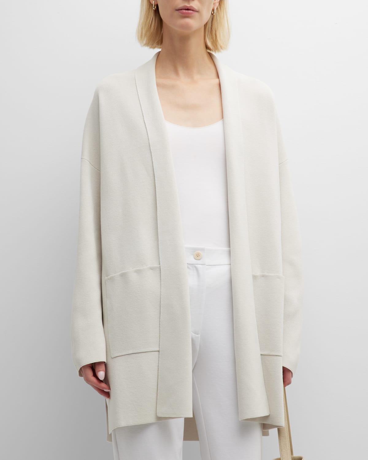 Eileen Fisher Shawl-collar Side-slit Silk-cotton Cardigan In Alt