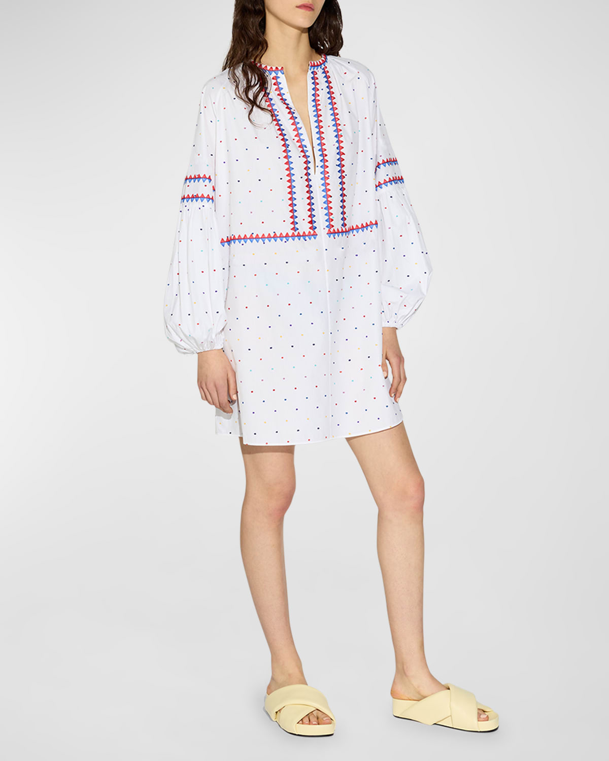 Callas Milano Soleil Embroidered Blouson-sleeve Dress In Whitecolor Dots