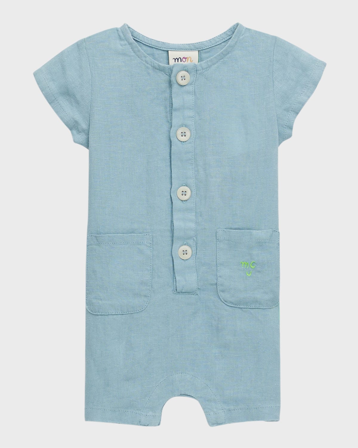 Mon Coeur Kids' Boy's Linen Henley Romper In Slate Blue