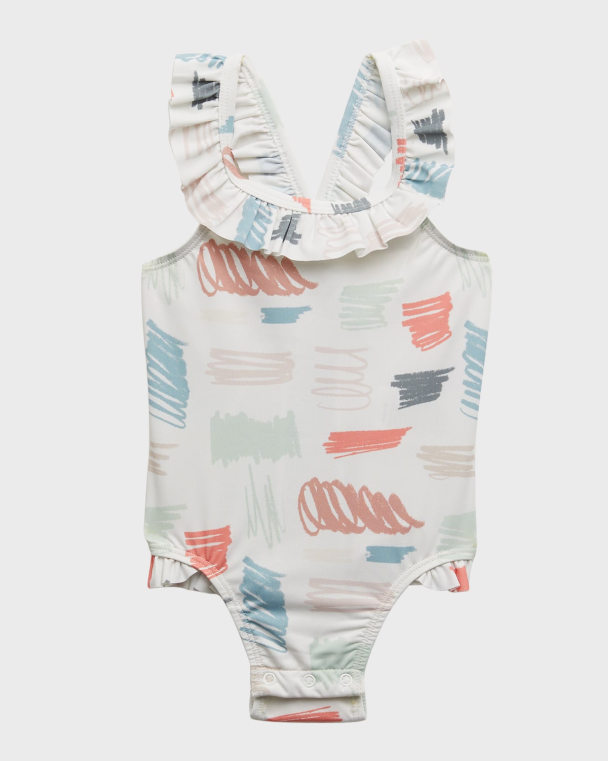 Mon Coeur Kids' Girl's Ruffled Scribble-print Recycled Swimsuit In Naturalscribble