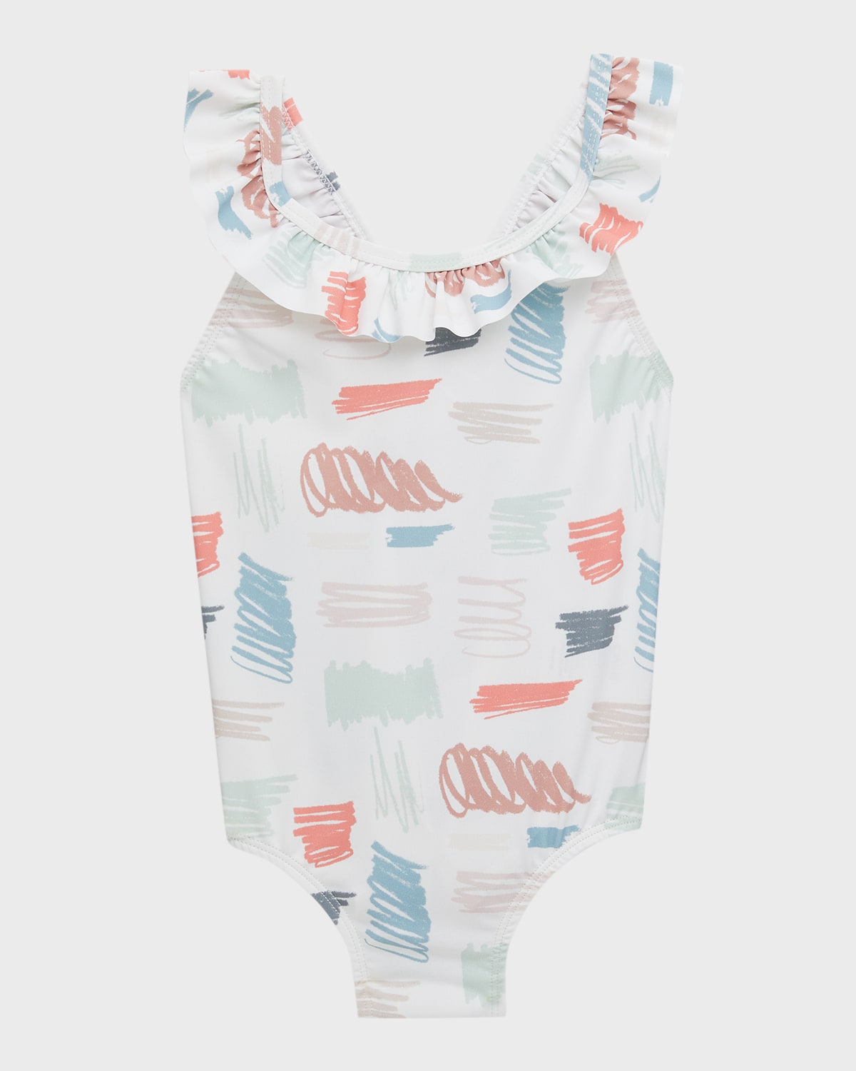 Mon Coeur Kids' Girl's Scribble-print Ruffled One-piece Swimsuit In Naturalscribble