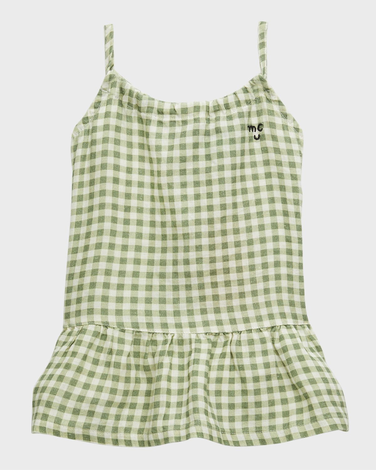 Mon Coeur Kids' Girl's Gingham-print Embroidered Linen Dress In Sage Gingham