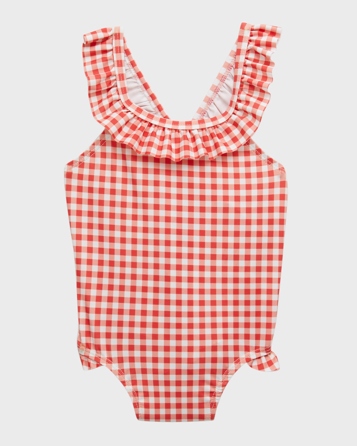 Mon Coeur Kids' Girl's Ruffled Gingham-print Recycled Swimsuit In Coral Gingham