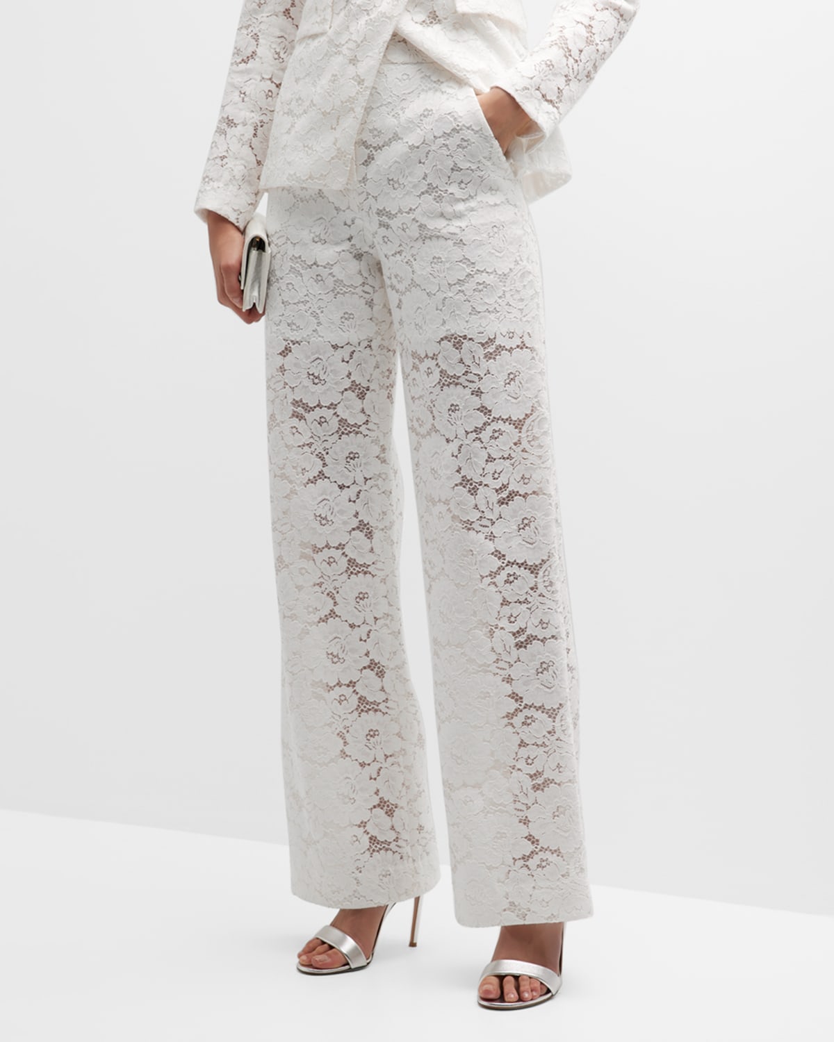 Veronica Beard Tonelli Lace Wide-leg Tailored Pants In Off-white