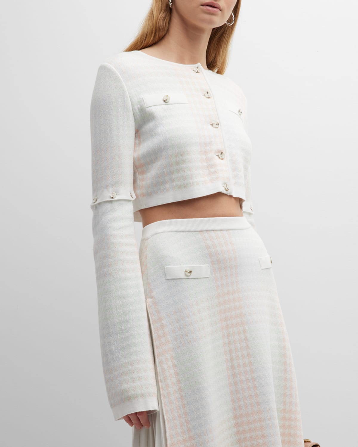 Ceremony Check Button-Sleeve Crop Cardigan
