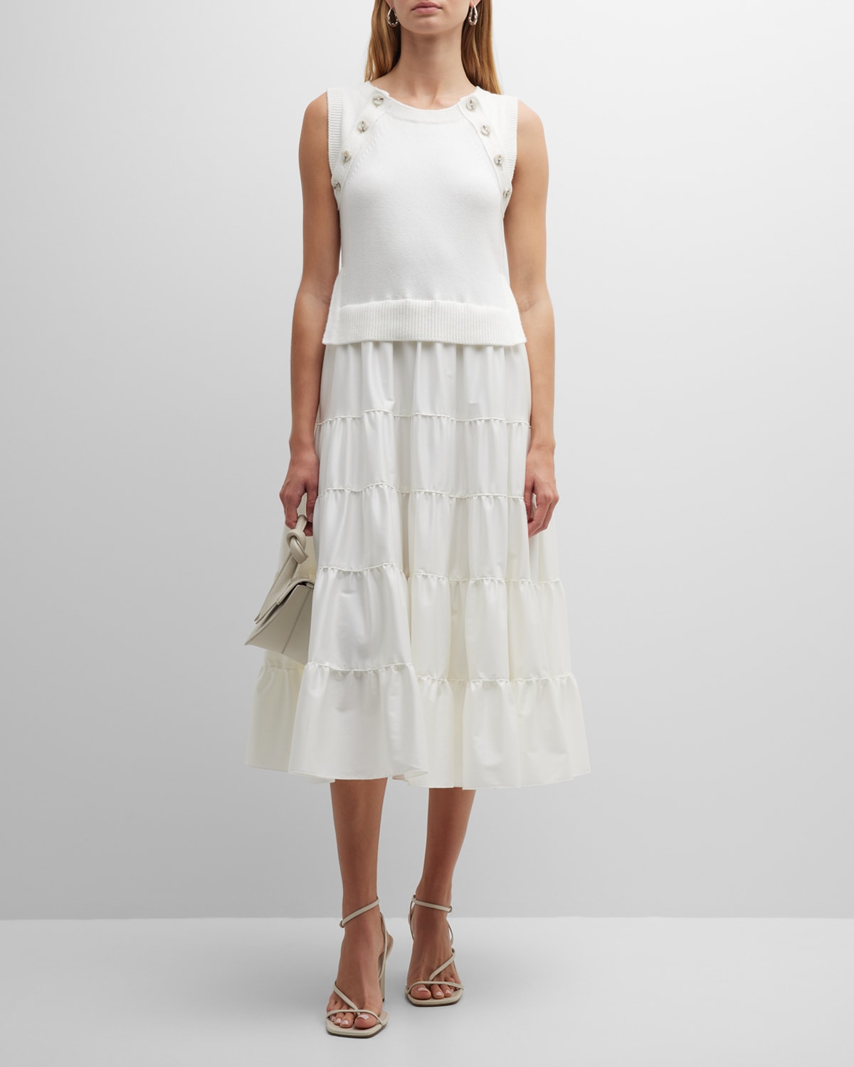 Adeam Tabi Tiered Knit Midi Dress In White