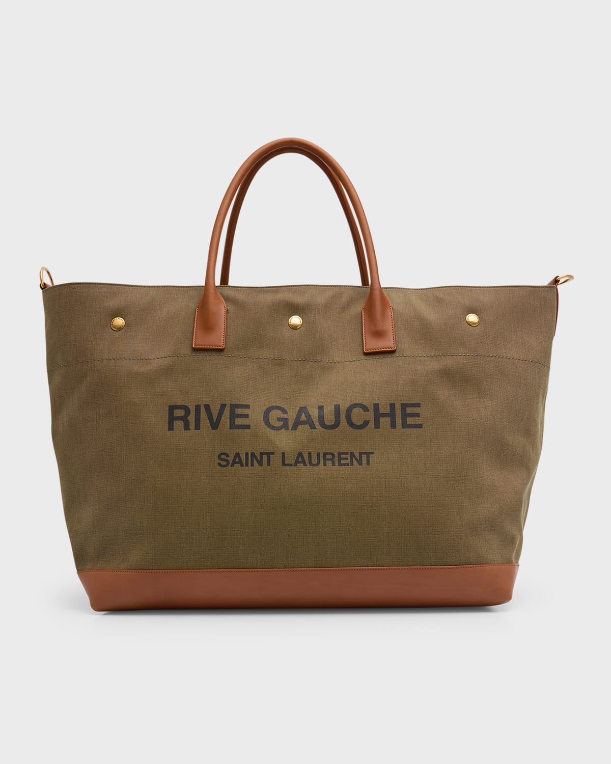 Shop Saint Laurent Men's Rive Gauche Maxi Canvas And Leather Tote Bag In Kaki-brown