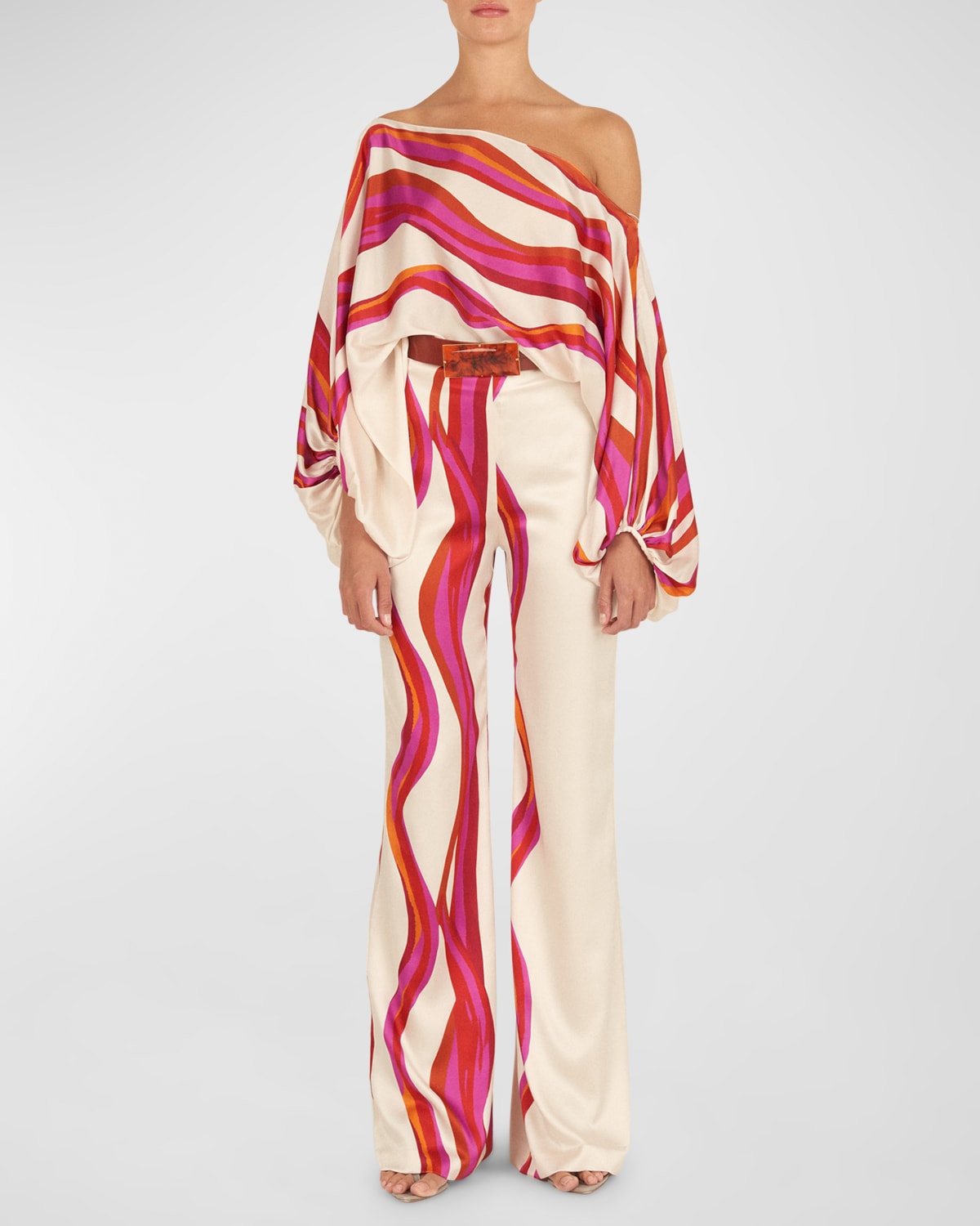 Bellagio Wave-Print One-Shoulder Silk Blouse