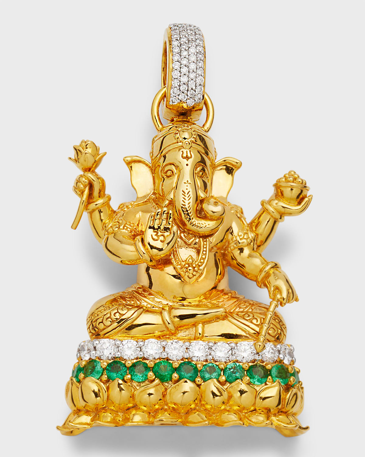 20K Yellow Gold Large Ganesha Diamond and Emerald Pendant