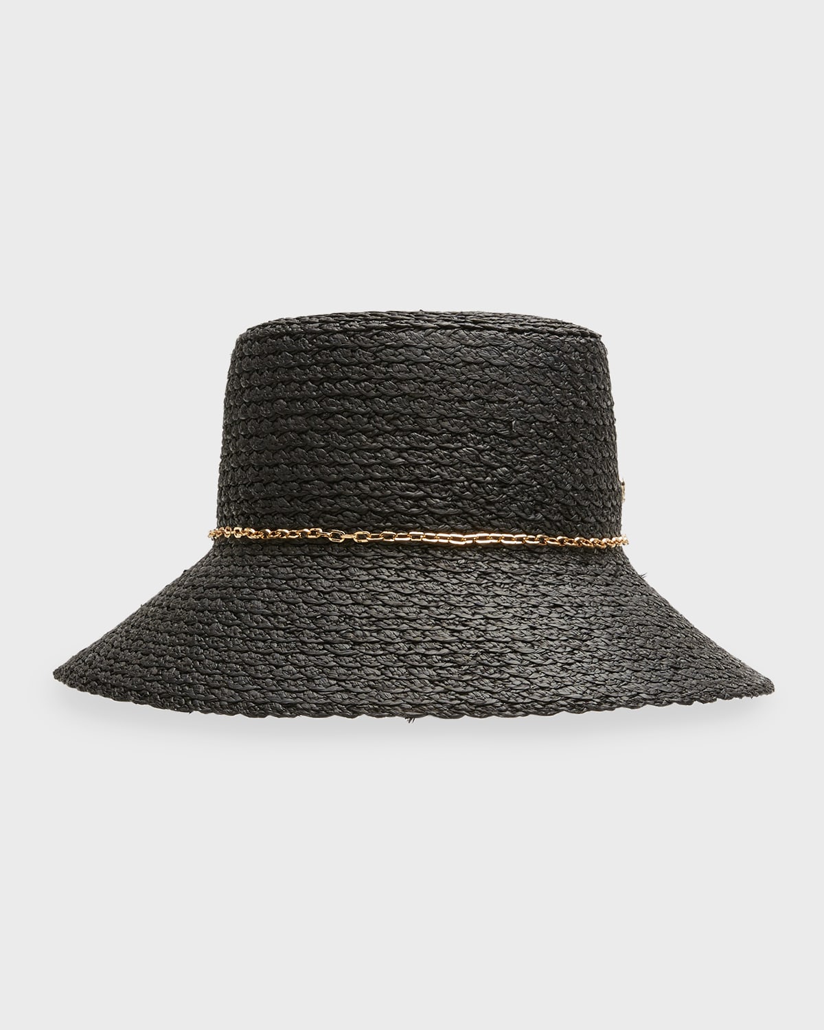 Shop Helen Kaminski Jetta Raffia Bucket Hat With A Golden Chain In Charcoal Gold