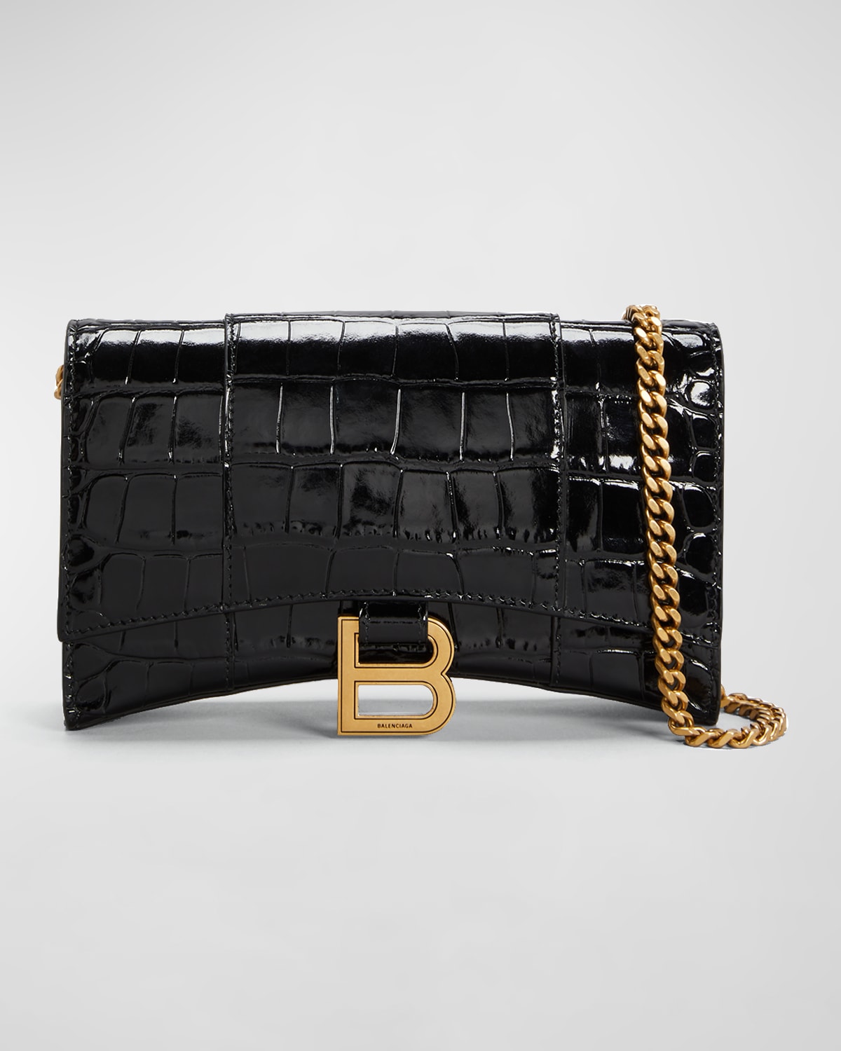Balenciaga Hourglass Shiny Mock-croc Chain Wallet In 1000 Black