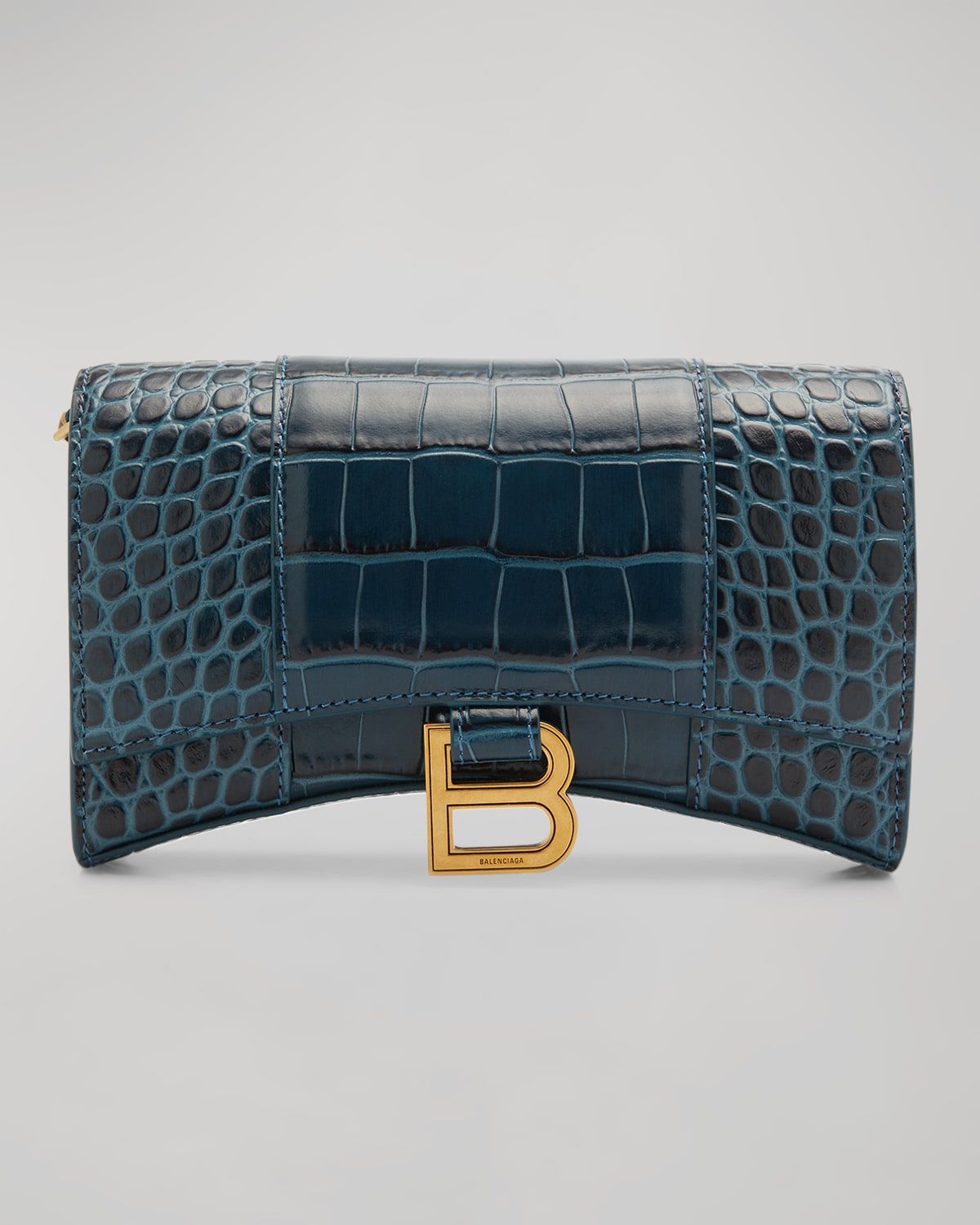 Balenciaga Hourglass Shiny Mock-croc Chain Wallet In 4703 Denim Blue