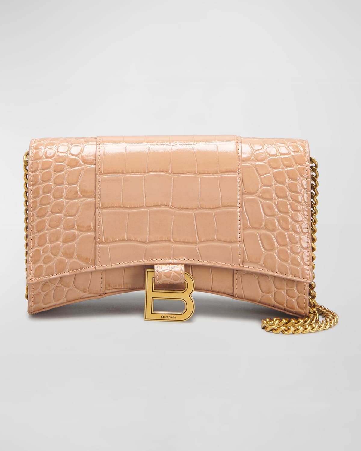 Balenciaga Hourglass Logo-plaque Croc-embossed Leather Wallet-on-chain In 9607 Nude Beige N