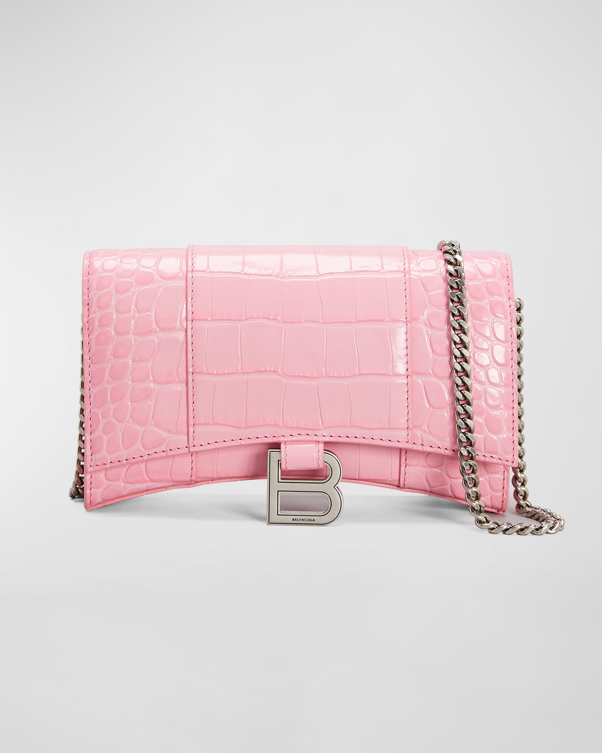 BALENCIAGA Hourglass Crocodile Embossed Chain Wallet Pink