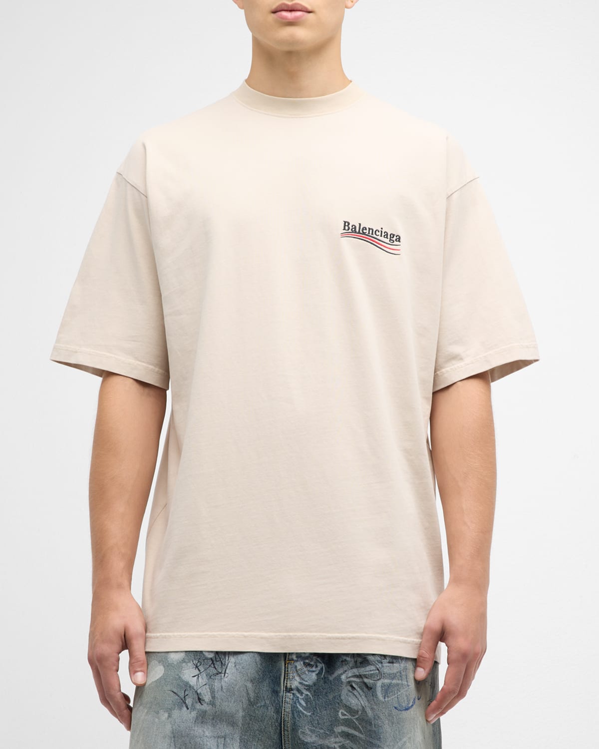 Balenciaga Men's White Campaign Logo Boxy T-shirt In Beige