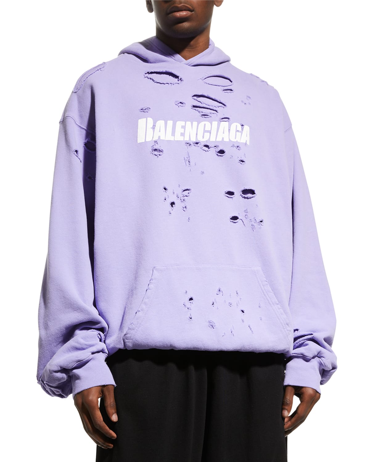 Balenciaga Men's Double-layer Destroyed Hoodie In Light Purple White