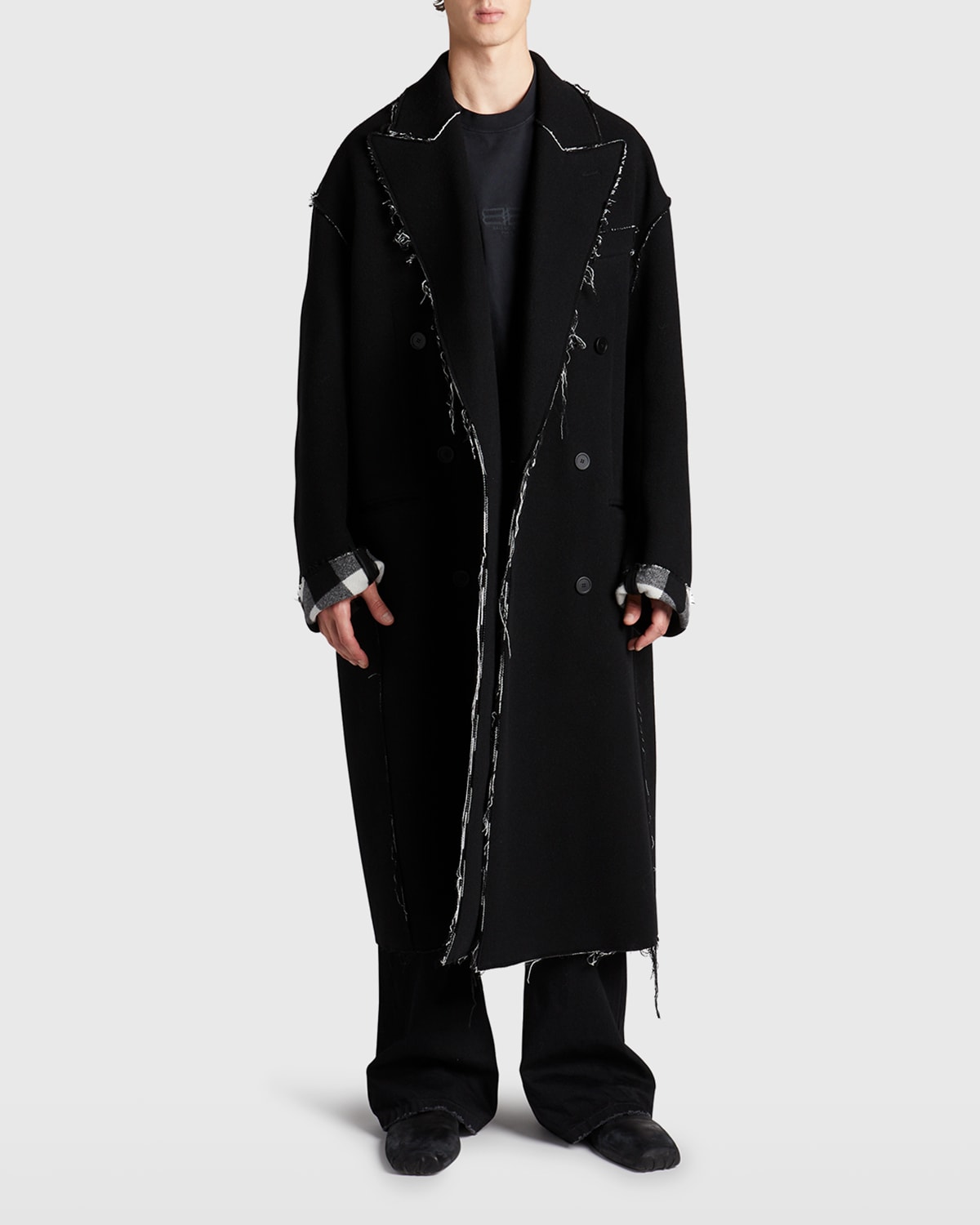 Shop Balenciaga Men's Raw-edge Overcoat In 1070 Black/white