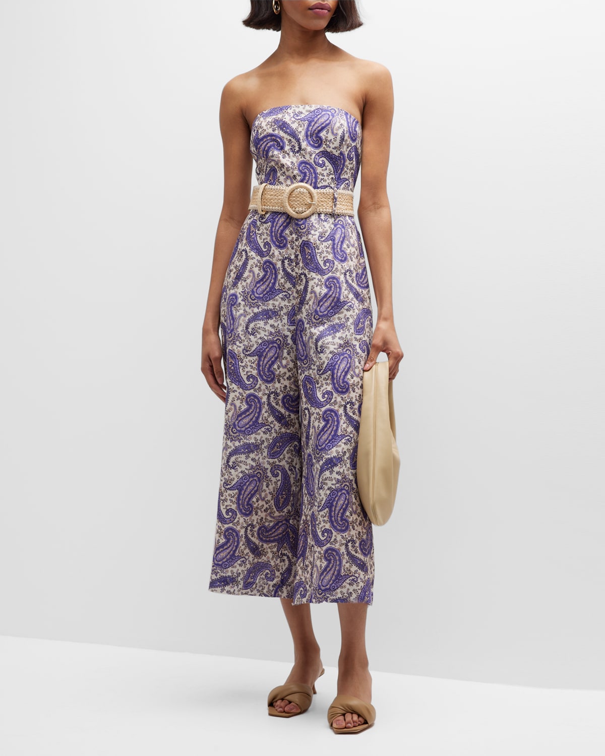 Zimmermann Devi Paisley Strapless Jumpsuit In Indigo/cream Pais