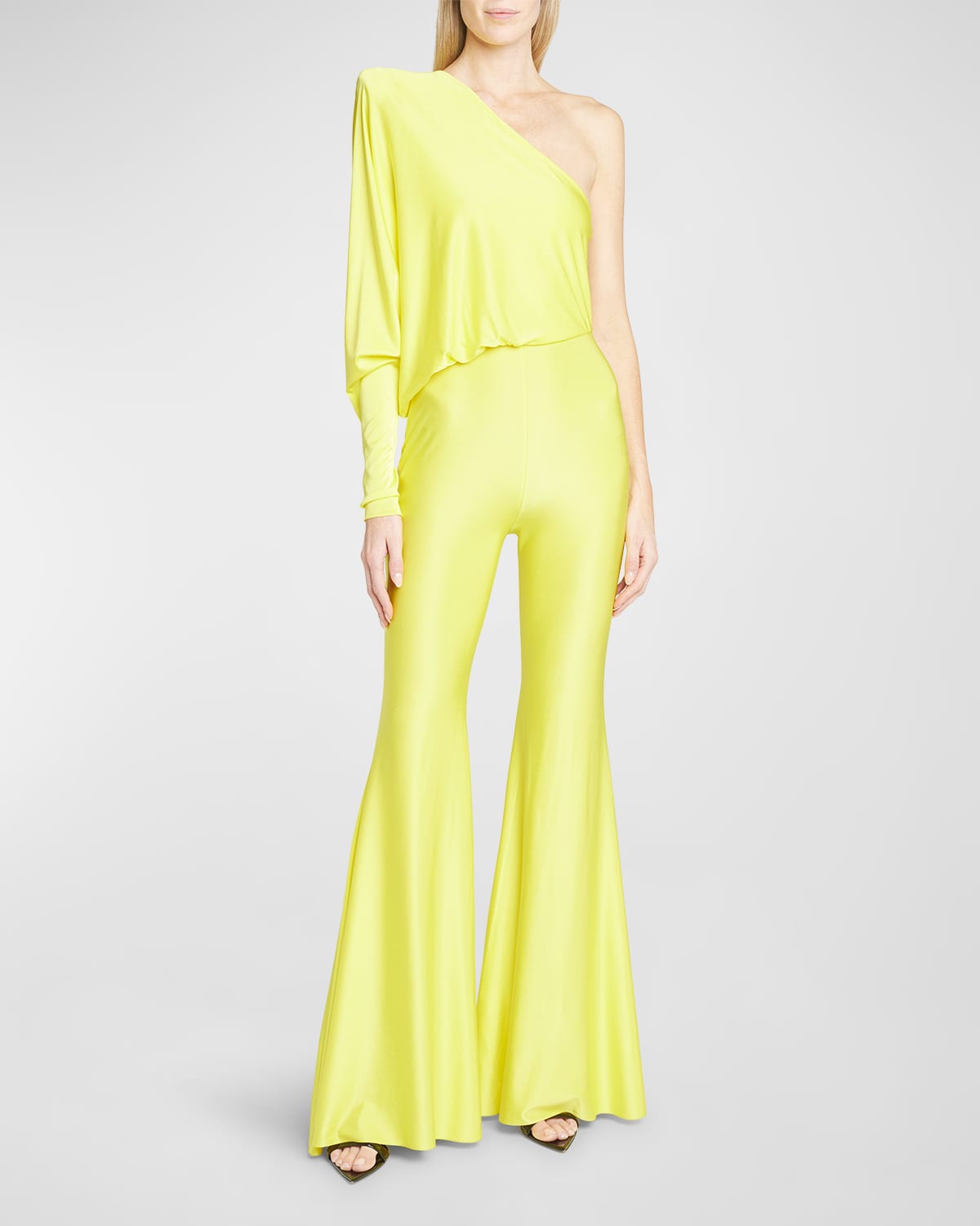 Alexandre Vauthier Strong One-shoulder Flare-leg Jumpsuit In Lemon Tonic