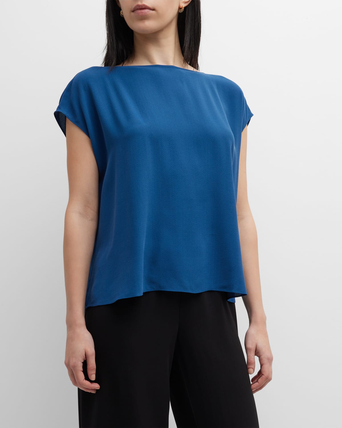 Eileen Fisher Boxy Bateau-Neck Georgette Crepe Top