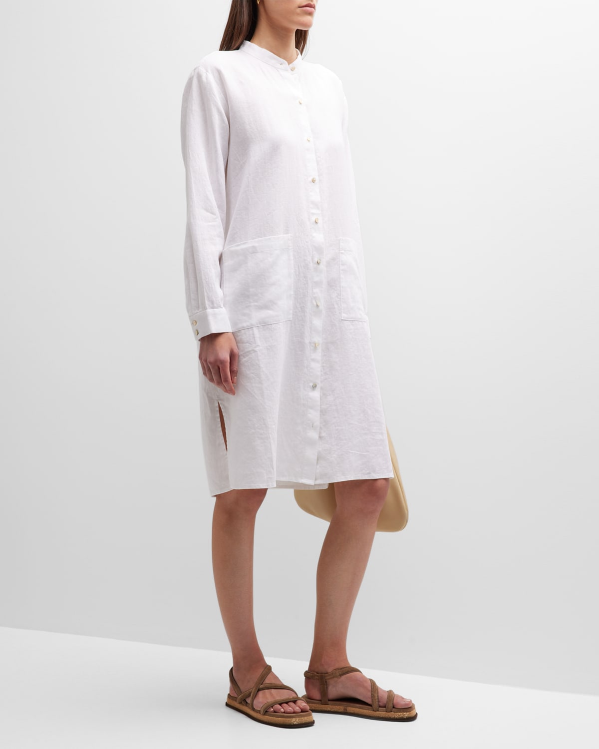 EILEEN FISHER BAND-COLLAR ORGANIC LINEN MIDI SHIRTDRESS