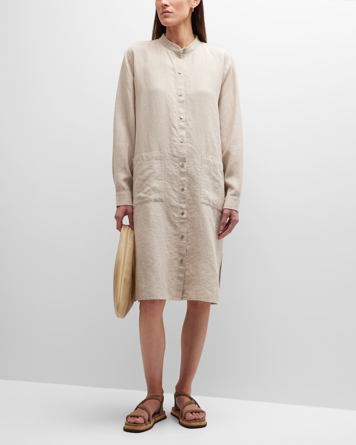 Eileen Fisher Band-collar Organic Linen Midi Shirtdress In Undyed Natural