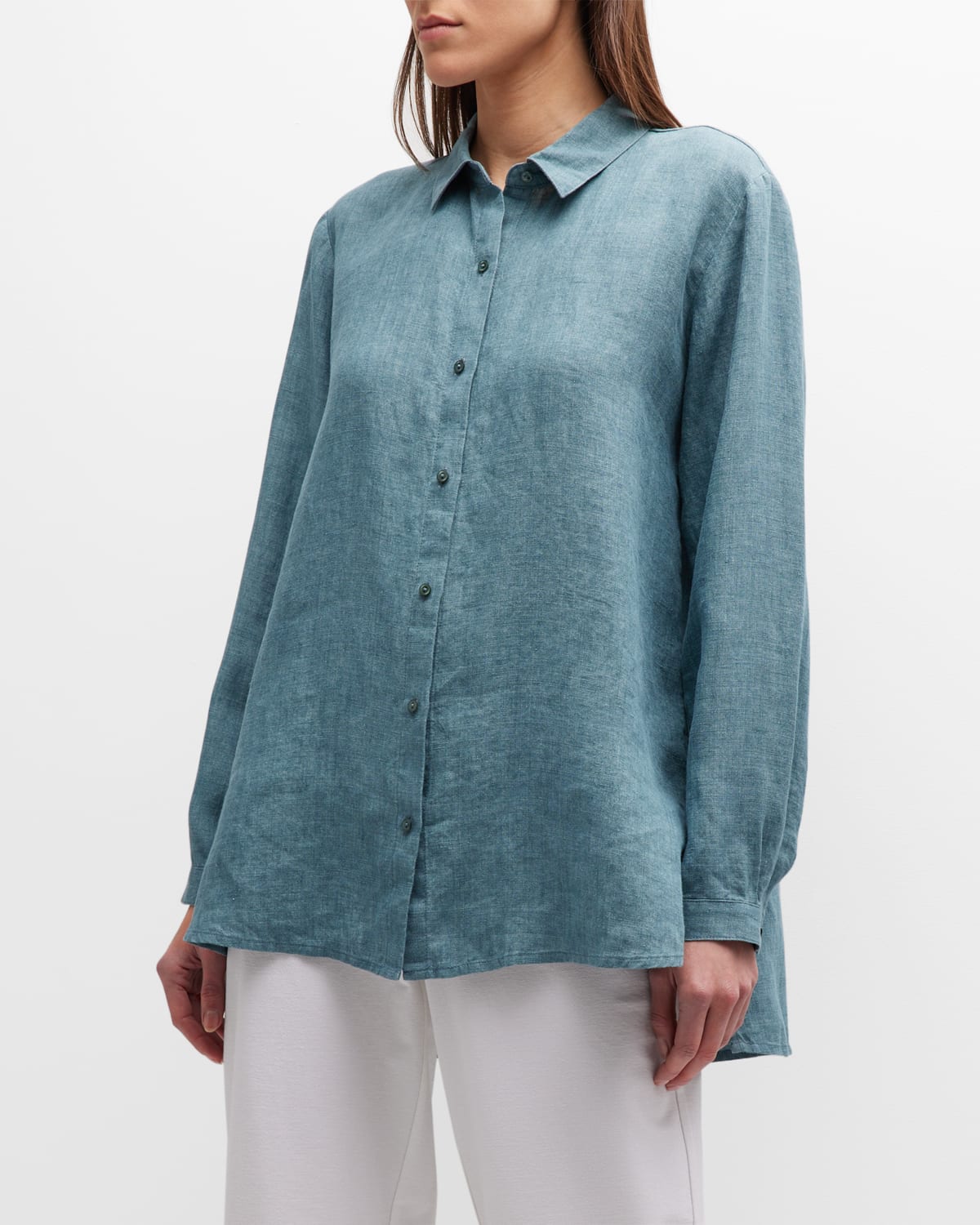 Eileen Fisher Petite Button-down Delave Organic Linen Shirt In Nile