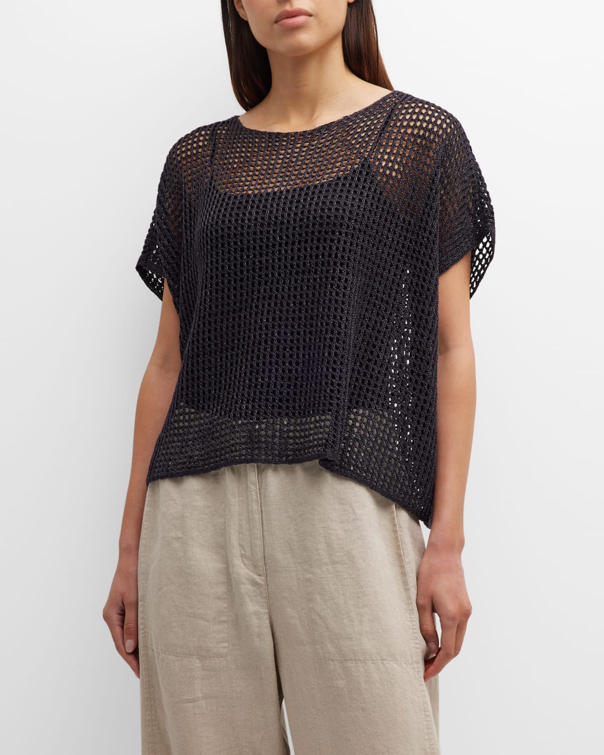 Eileen Fisher Open-stitch Bateau-neck Dolman-sleeve Sweater In Black