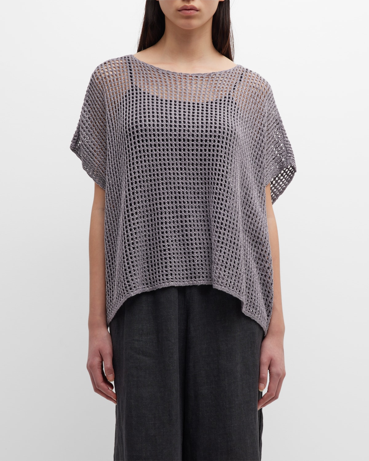 Eileen Fisher Open-stitch Bateau-neck Dolman-sleeve Sweater In Steel