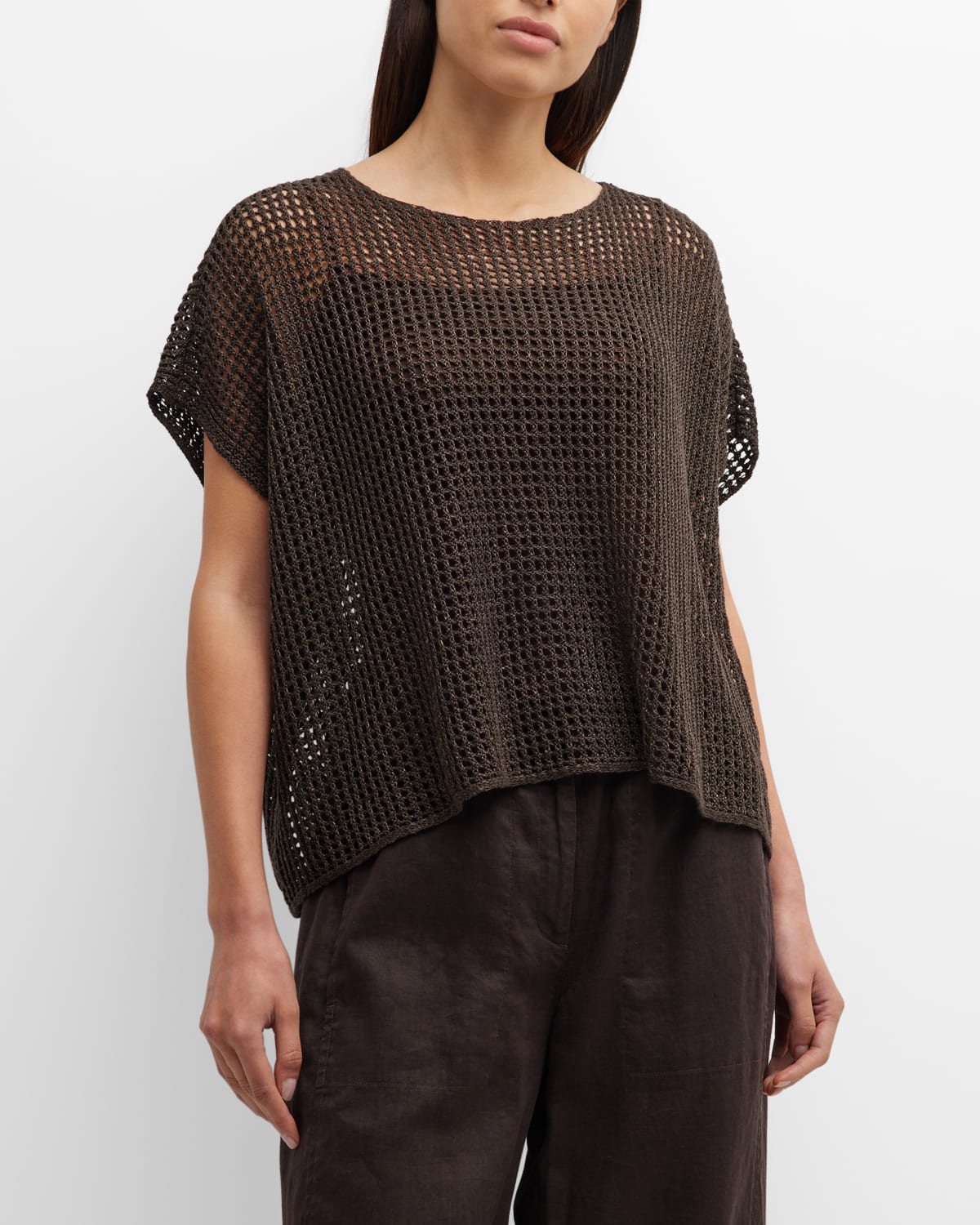 Open-Stitch Bateau-Neck Dolman-Sleeve Sweater