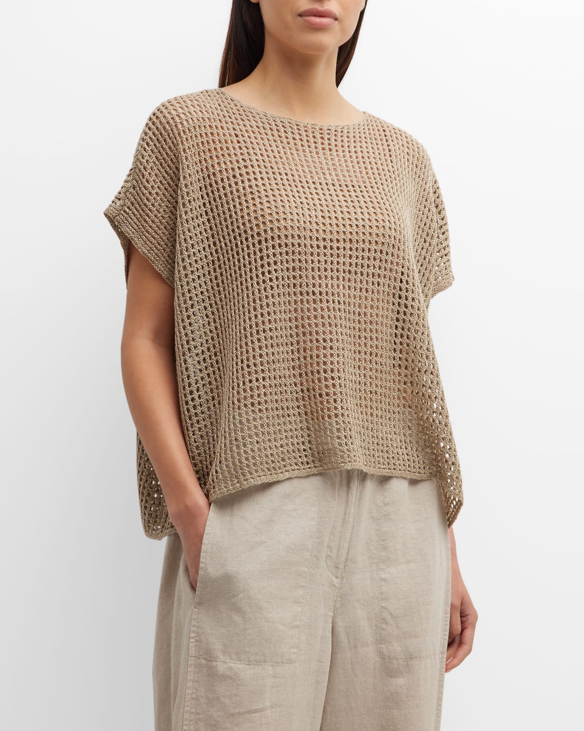 Eileen Fisher Open-stitch Bateau-neck Dolman-sleeve Sweater In Natural