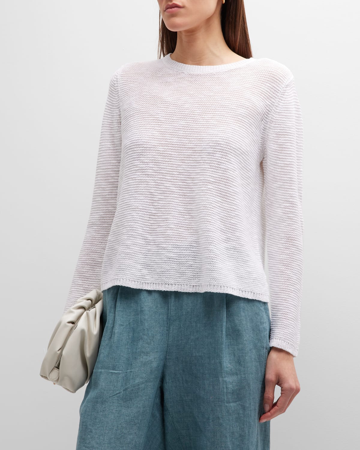 Eileen Fisher Slubby Crewneck Linen-cotton Pullover In White