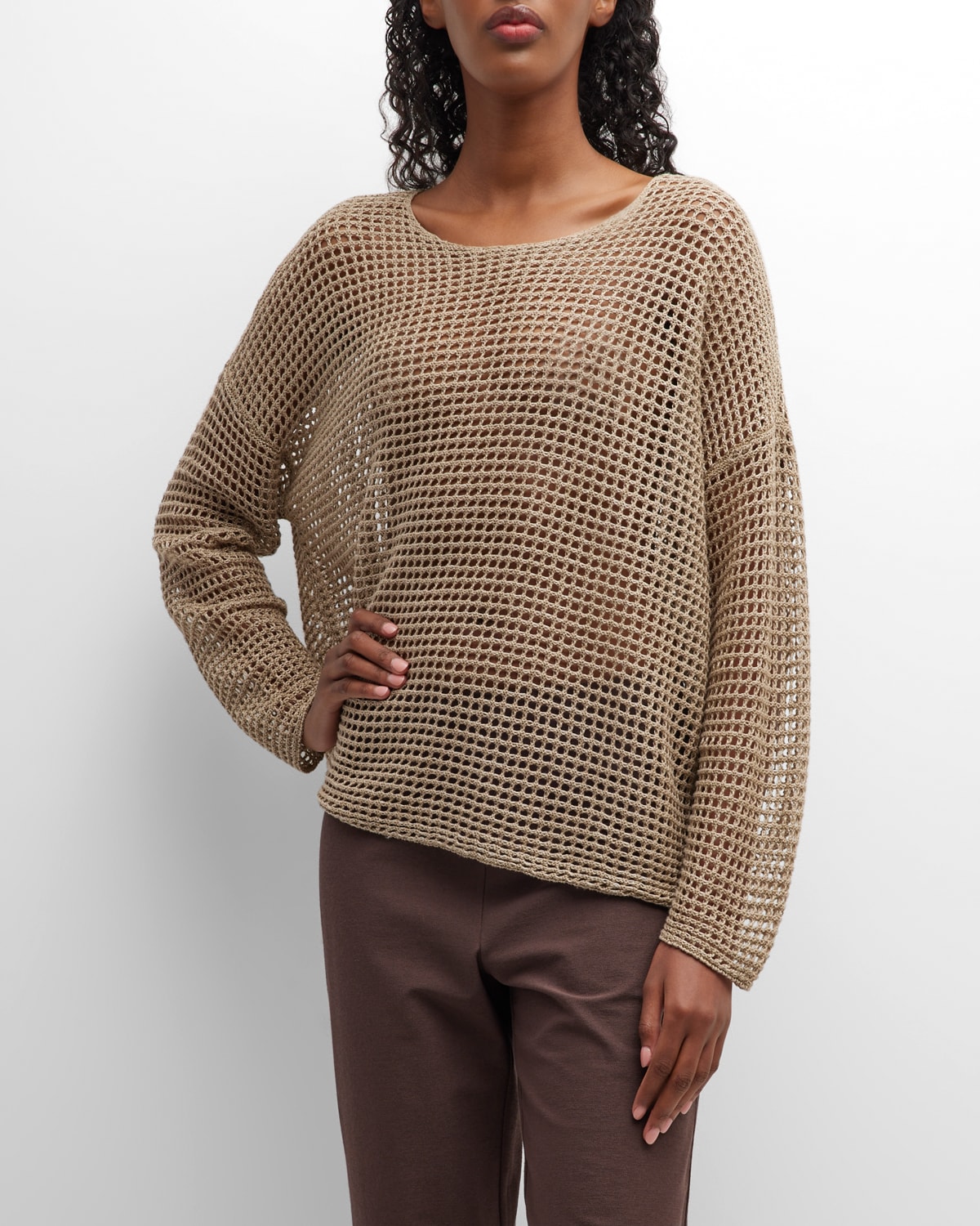 Eileen Fisher Open-stitch Bateau-neck Dolman-sleeve Sweater In Natural