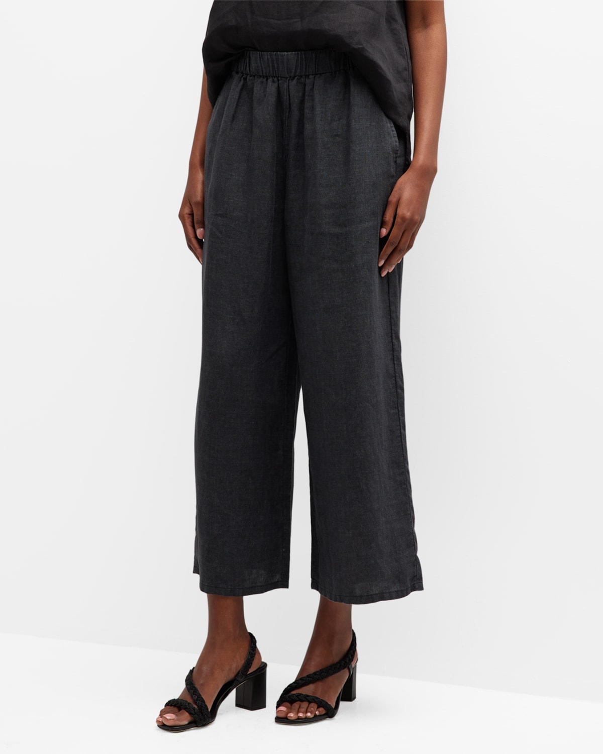 Eileen Fisher Cropped Wide-leg Organic Linen Pants In Graphite