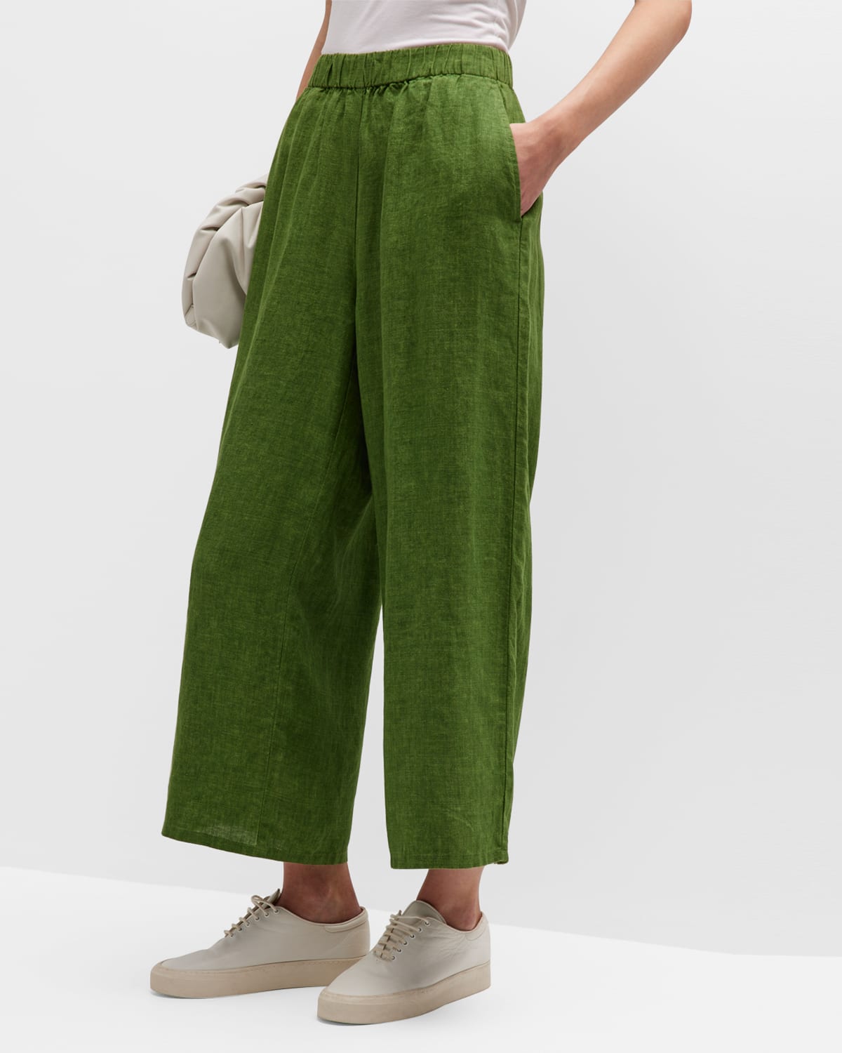 Eileen Fisher Cropped Wide-leg Organic Linen Pants In Field