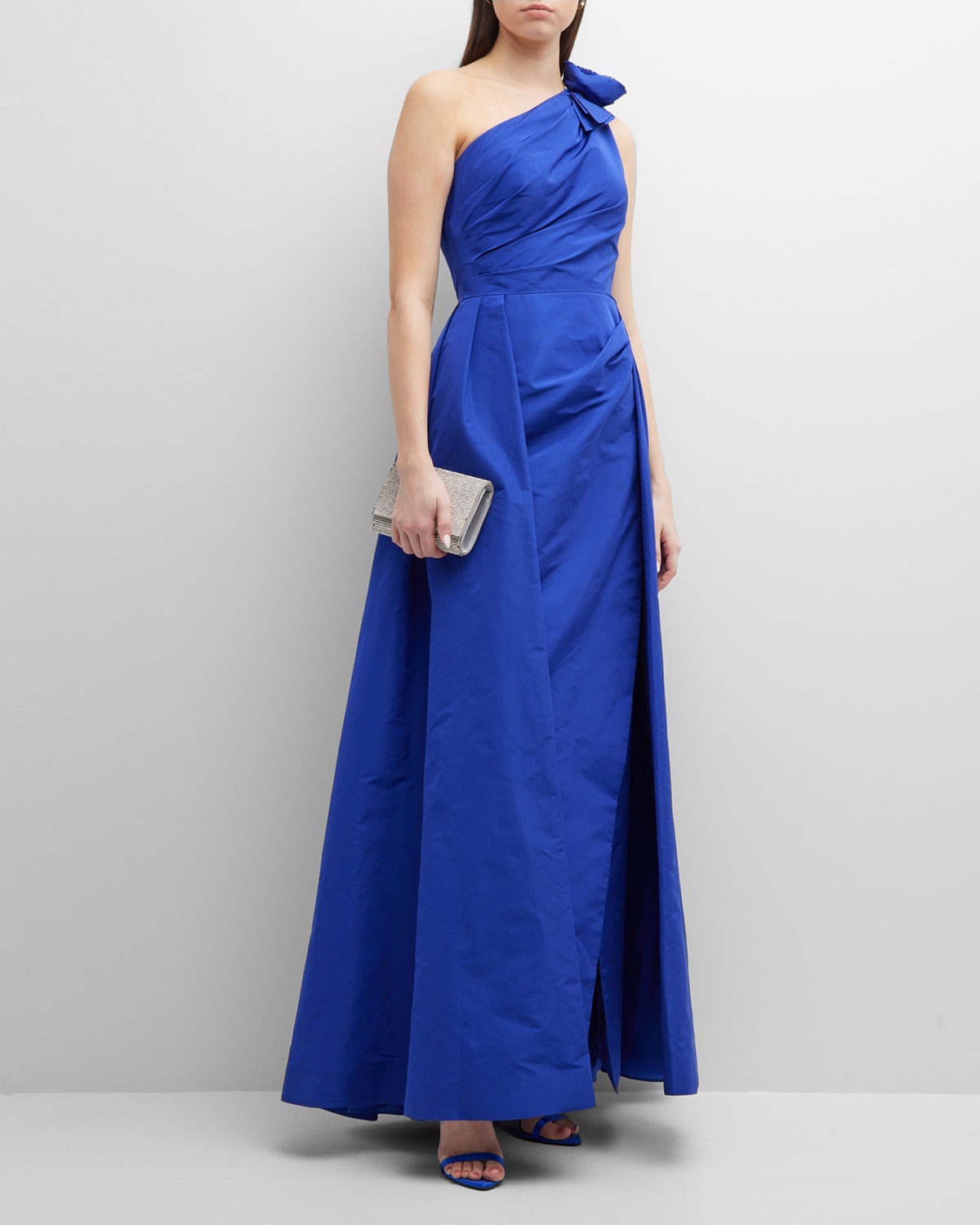 Rickie Freeman For Teri Jon Pleated One-shoulder A-line Gown In Royal Blue