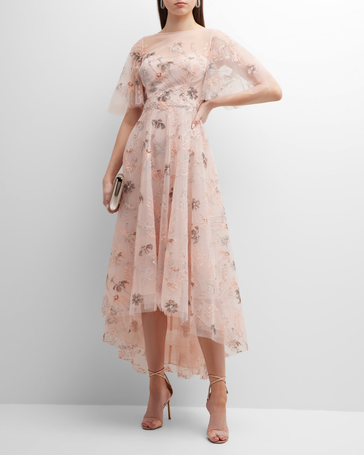 Rickie Freeman For Teri Jon High-low Floral-embroidered Tulle Gown In Peach