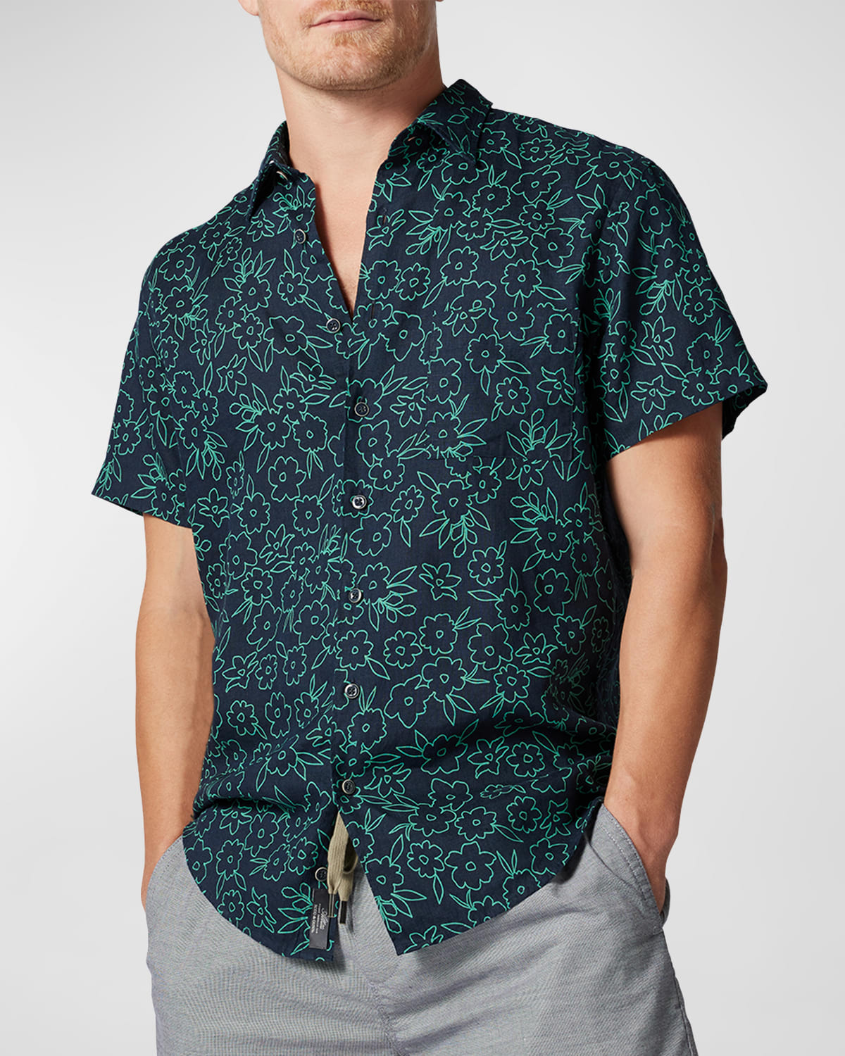 Rodd & Gunn Barrytown Sports Fit Floral Short Sleeve Linen Button-up Shirt In Green