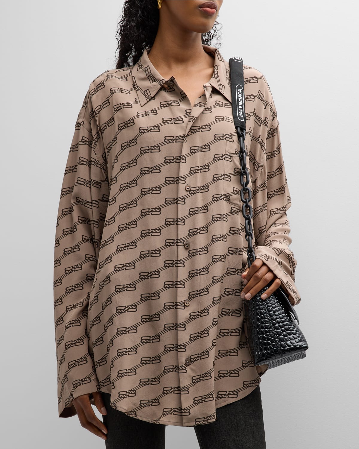 Shop Balenciaga Bb Logo Long-sleeve Minimal Collared Silk Shirt In 9378 Beige/brown