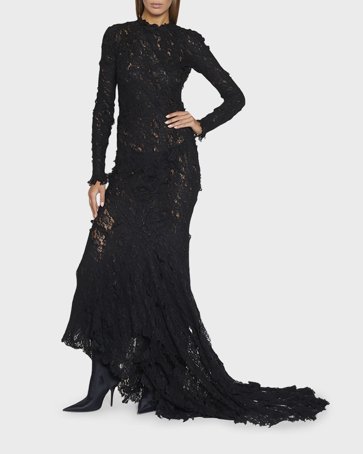 Balenciaga Sheer Lace Train Mermaid Gown In 1000 Black
