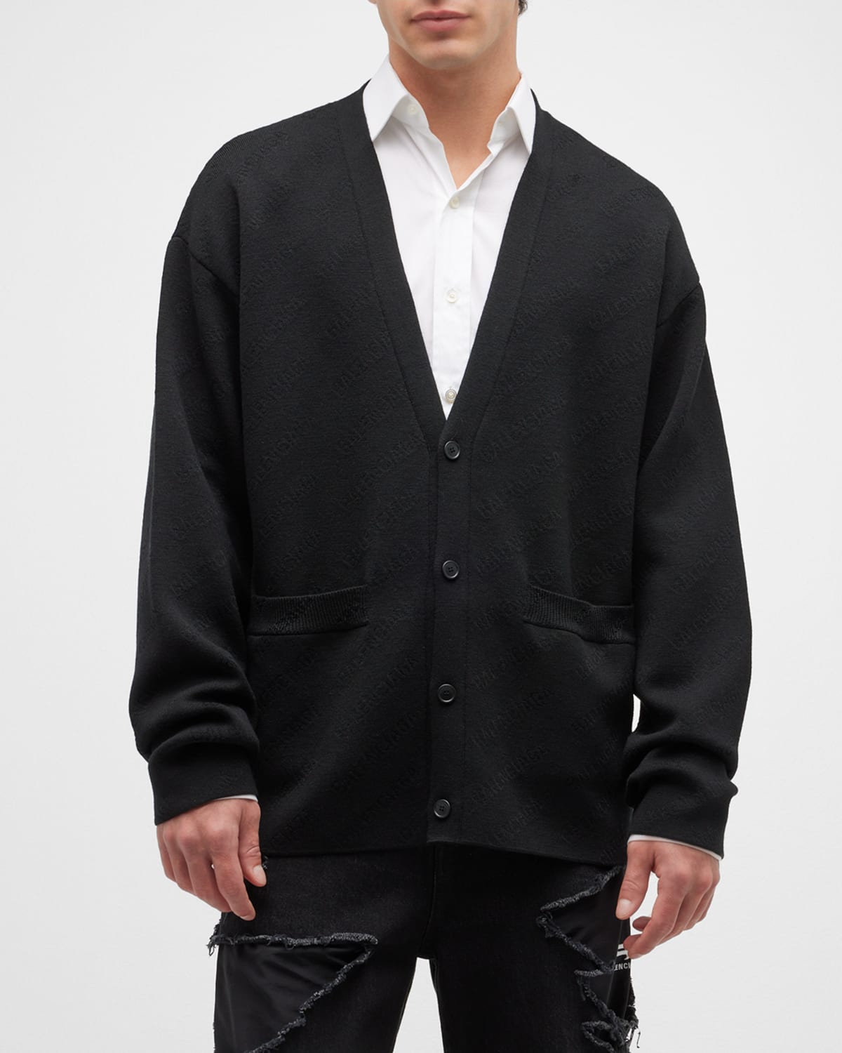 Shop Balenciaga Men's Allover Tonal Logo Cardigan Sweater In 1000 Black/black