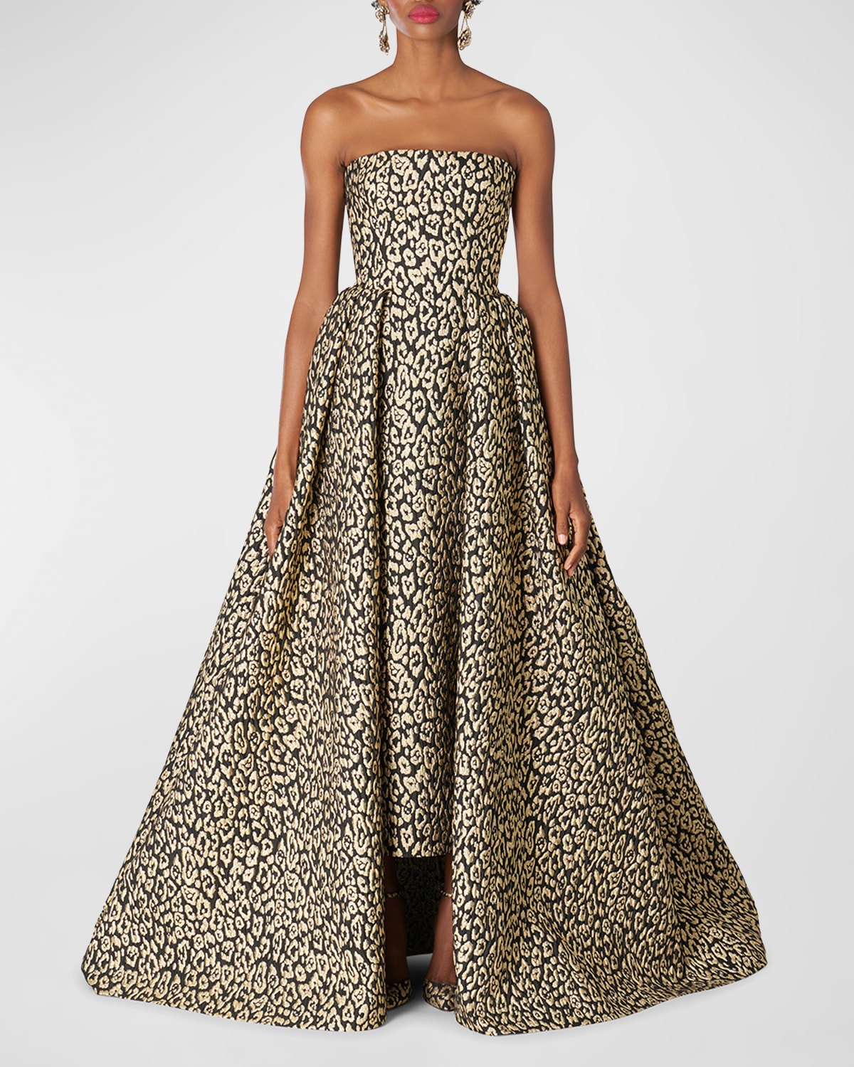 CAROLINA HERRERA LEOPARD-JACQUARD STRAPLESS COLUMN GOWN WITH ATTACHED OVERSKIRT