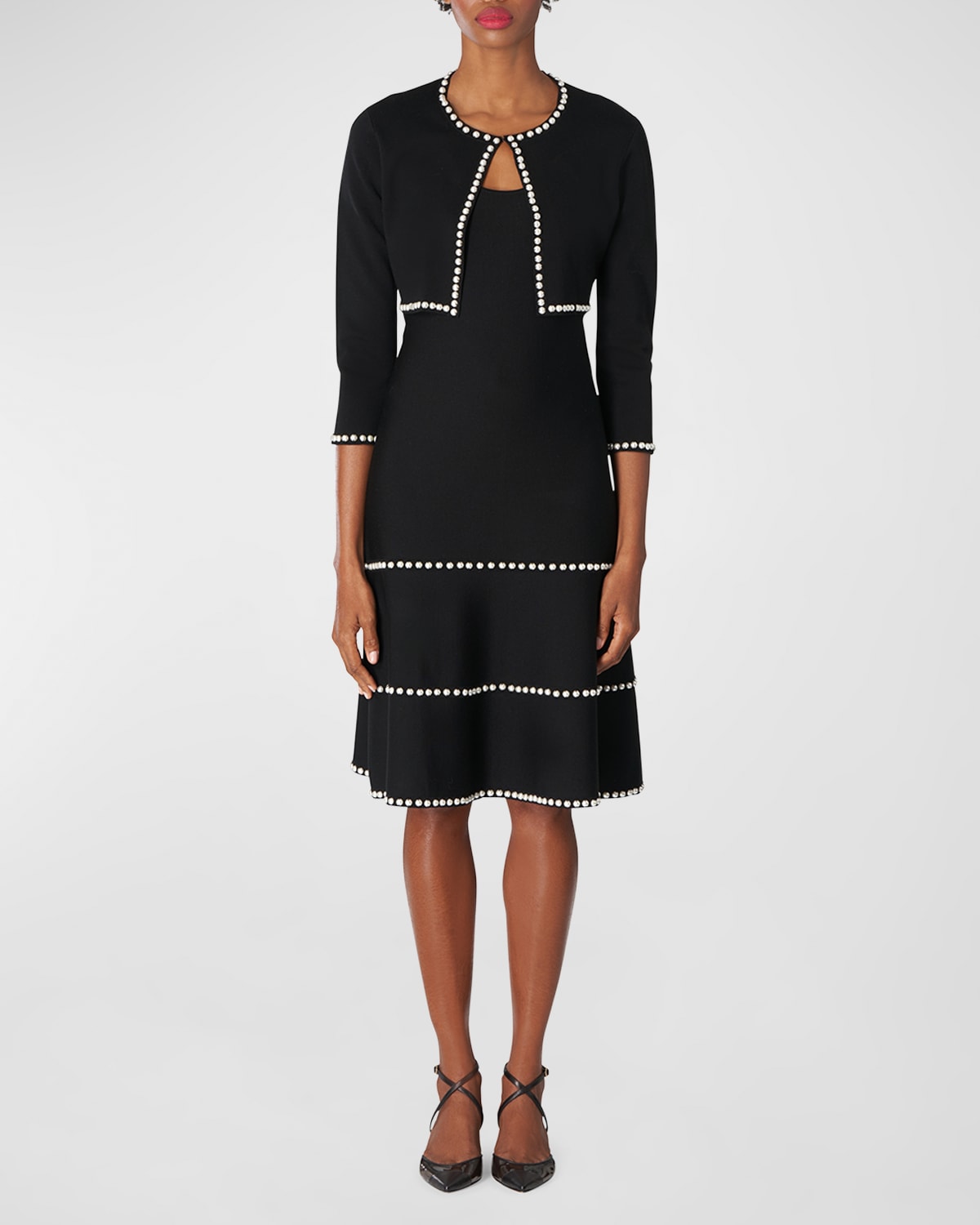 Shop Carolina Herrera Knit Midi Dress With Pearlescent Embellishments In Black