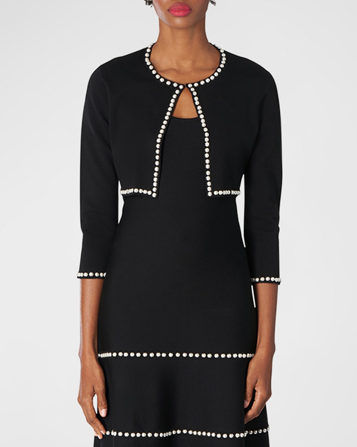 Carolina Herrera Pearl Embroidered Knit Bolero Sweater In Black