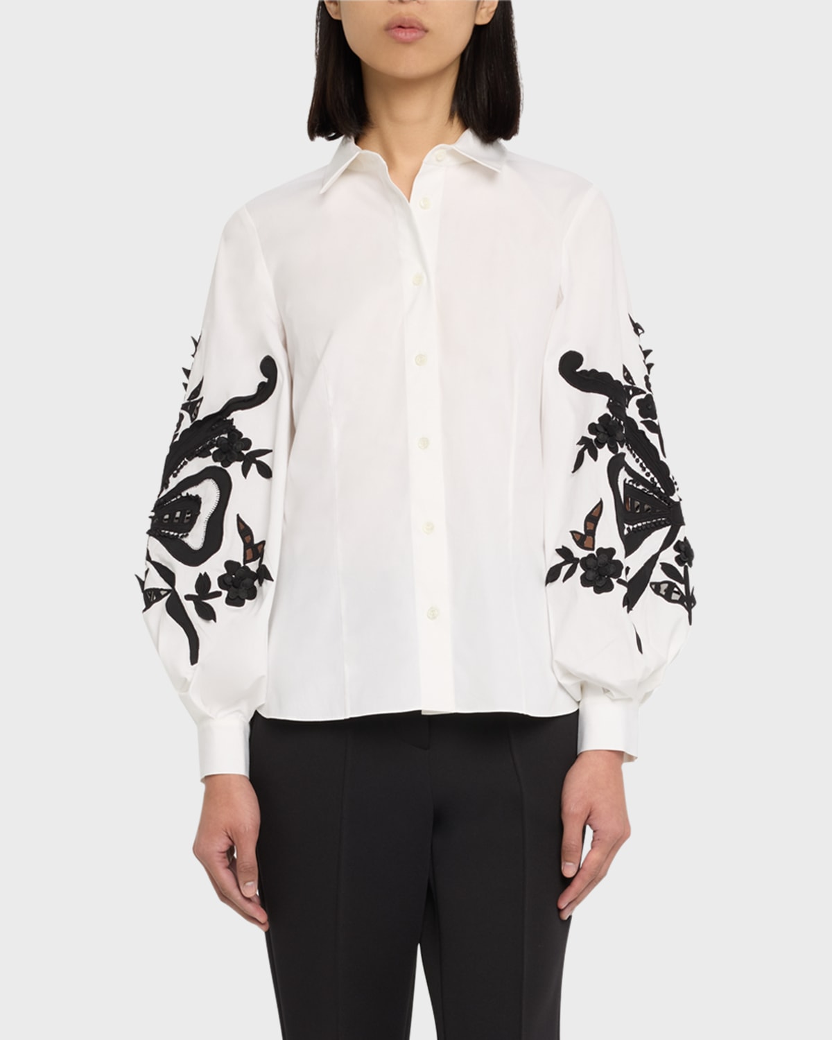 CAROLINA HERRERA EMBROIDERED PUFF-SLEEVE BUTTON-FRONT BLOUSE