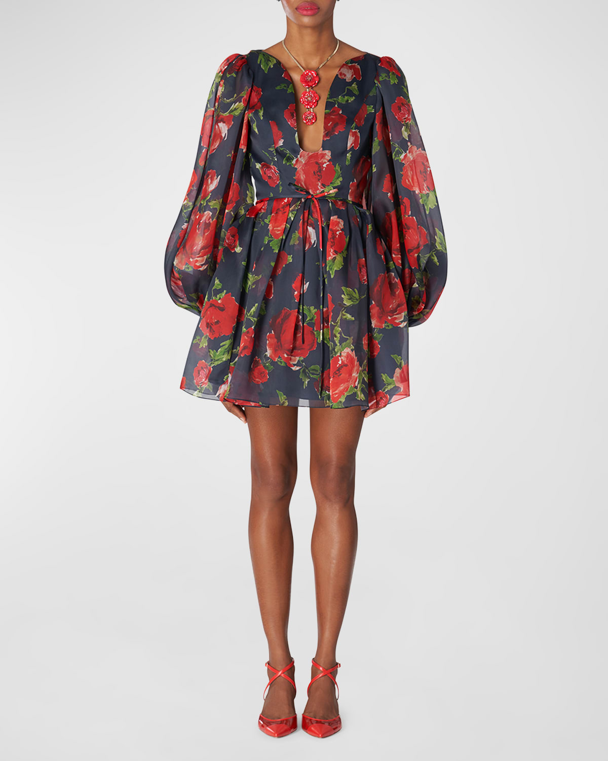 Carolina Herrera Deep V-neck Balloon Sleeve Mini Dress In Midnight Multi
