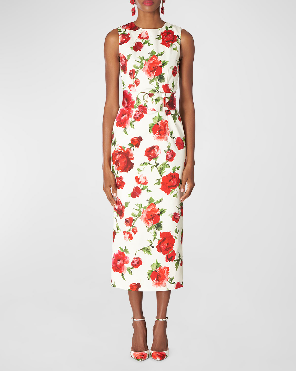 Carolina Herrera Floral-printed Stretch-cotton Midi Dress In Pearl Multi