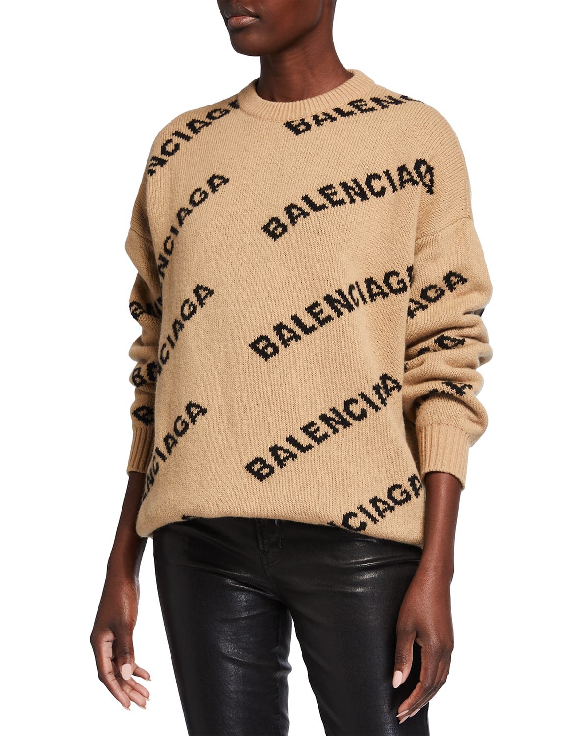 Balenciaga Wool Logo Long-sleeve Crewneck Sweater In 9364 Beige/black