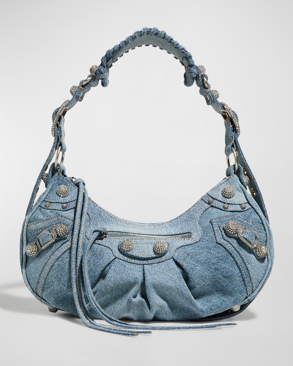 Balenciaga Le Cagole Small Denim Shoulder Bag With Rhinestones In 4715 Blue