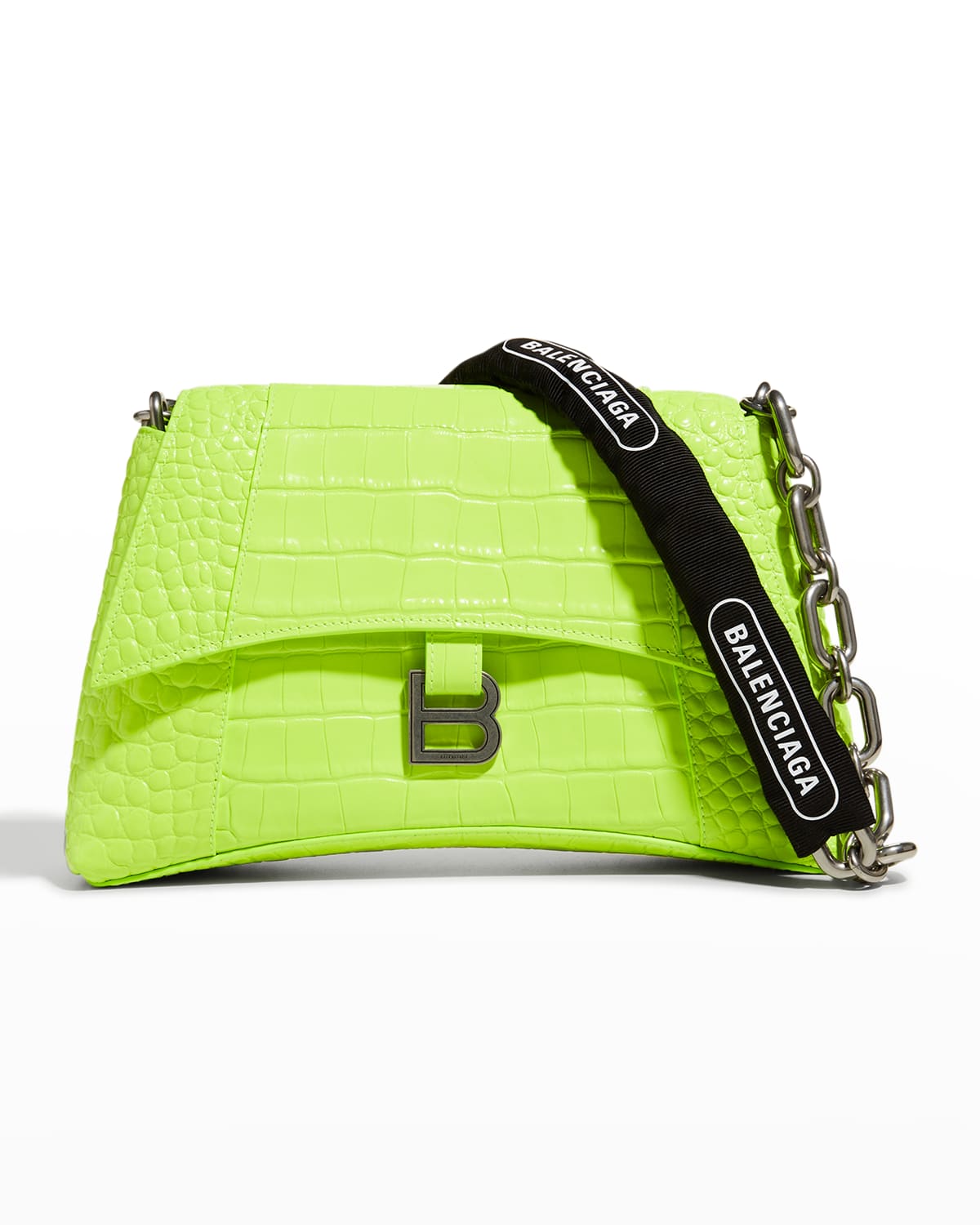 Balenciaga Downtown Croc-embossed Chain Shoulder Bag In 7260 Fluo